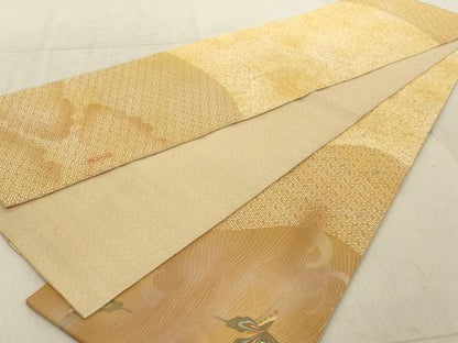 平和屋着物◎六通太鼓柄袋帯 作家物 手描き 流水舞蝶文 金銀彩 正絹 逸品 AAAM0954tn