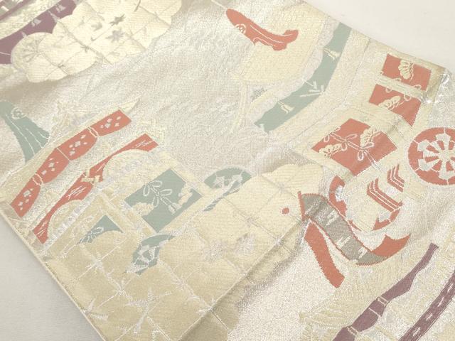 平和屋着物◎六通柄袋帯 松寿錦 山車文 プラチナ銀箔二重織 正絹 逸品 AAAM2141az