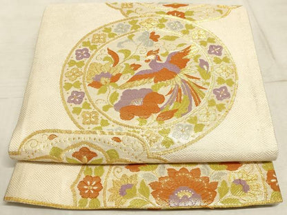 平和屋着物◎六通柄袋帯 鳳凰花絵皿文 金糸 正絹 逸品 AAAM3359sx