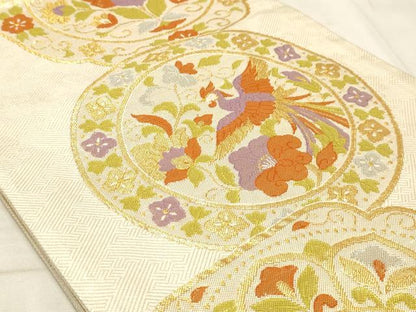 平和屋着物◎六通柄袋帯 鳳凰花絵皿文 金糸 正絹 逸品 AAAM3359sx