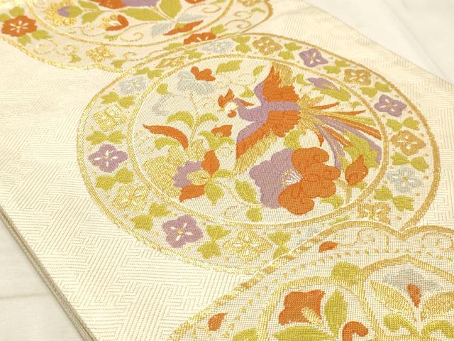 平和屋着物◎六通柄袋帯 鳳凰花絵皿文 金糸 正絹 逸品 AAAM3359sx