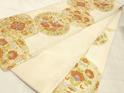 平和屋着物◎六通柄袋帯 鳳凰花絵皿文 金糸 正絹 逸品 AAAM3359sx