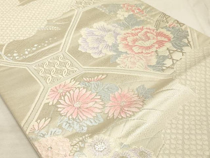 平和屋着物◎六通柄袋帯 唐織 花園錦 蜀江花文 銀糸 正絹 逸品 AAAM3380sx
