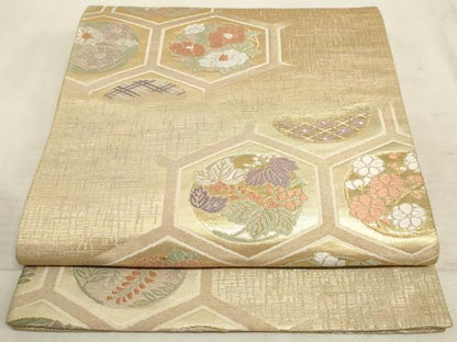 平和屋着物◎六通柄袋帯 唐織 亀甲花文 金糸 正絹 逸品 AAAM3416sx