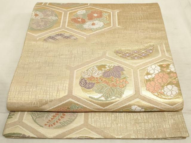 平和屋着物◎六通柄袋帯 唐織 亀甲花文 金糸 正絹 逸品 AAAM3416sx