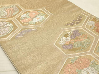 平和屋着物◎六通柄袋帯 唐織 亀甲花文 金糸 正絹 逸品 AAAM3416sx