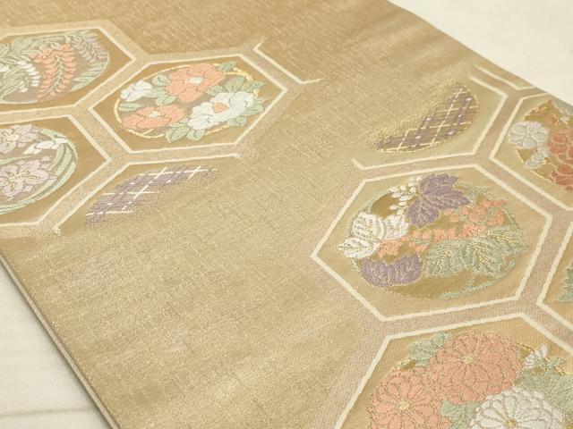 平和屋着物◎六通柄袋帯 唐織 亀甲花文 金糸 正絹 逸品 AAAM3416sx