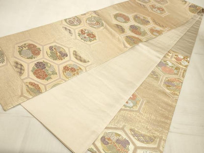 平和屋着物◎六通柄袋帯 唐織 亀甲花文 金糸 正絹 逸品 AAAM3416sx
