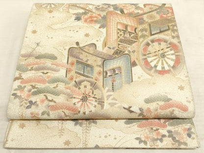 平和屋着物◎太鼓柄袋帯 御所車花文 金彩 銀糸 正絹 逸品 AAAM3462sx