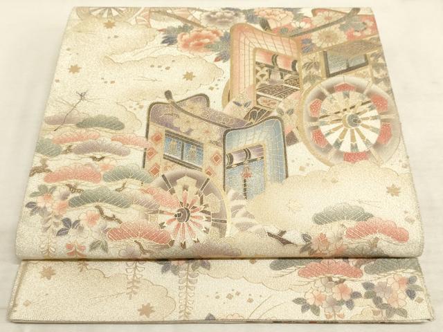 平和屋着物◎太鼓柄袋帯 御所車花文 金彩 銀糸 正絹 逸品 AAAM3462sx
