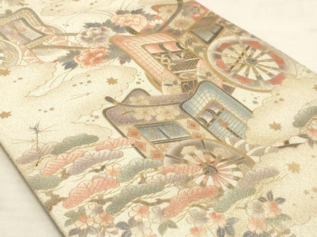 平和屋着物◎太鼓柄袋帯 御所車花文 金彩 銀糸 正絹 逸品 AAAM3462sx
