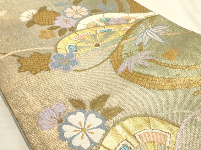 平和屋着物◎六通柄袋帯 片輪車流水花文 金銀糸 正絹 逸品 AAAM3467sx