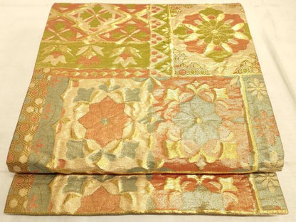 平和屋着物◎六通柄袋帯 ふくれ織り 色紙花文 金糸 正絹 逸品 AAAM3471sx