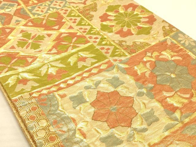 平和屋着物◎六通柄袋帯 ふくれ織り 色紙花文 金糸 正絹 逸品 AAAM3471sx