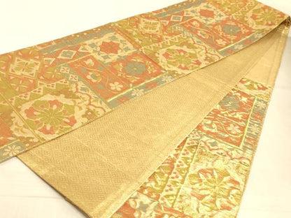 平和屋着物◎六通柄袋帯 ふくれ織り 色紙花文 金糸 正絹 逸品 AAAM3471sx