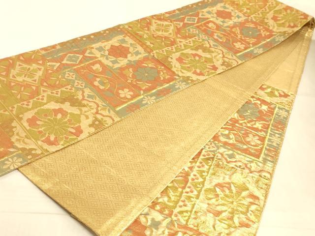 平和屋着物◎六通柄袋帯 ふくれ織り 色紙花文 金糸 正絹 逸品 AAAM3471sx