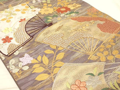 平和屋着物◎六通柄袋帯 唐織 扇面花文 金糸 正絹 逸品 AAAM3499sx