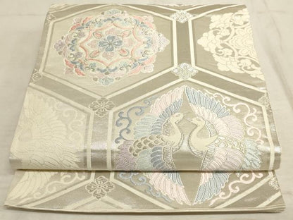 平和屋着物◎六通柄袋帯 唐織 亀甲双鶴花文 銀糸 正絹 逸品 AAAM3556sx