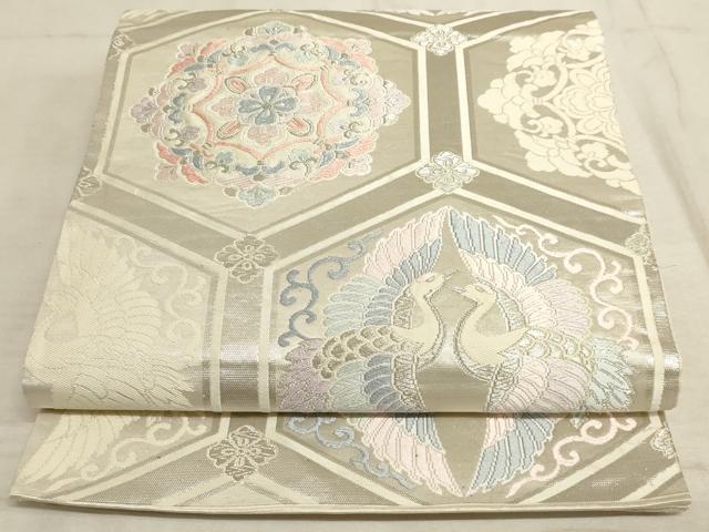 平和屋着物◎六通柄袋帯 唐織 亀甲双鶴花文 銀糸 正絹 逸品 AAAM3556sx