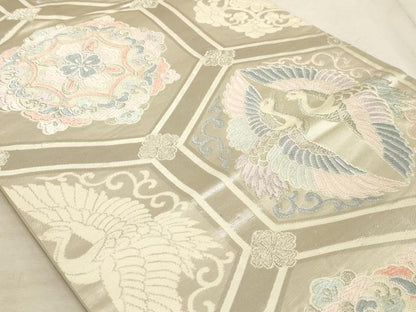 平和屋着物◎六通柄袋帯 唐織 亀甲双鶴花文 銀糸 正絹 逸品 AAAM3556sx