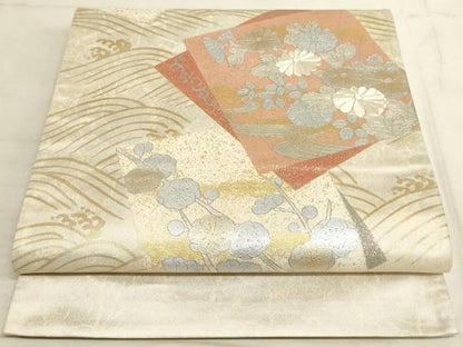 平和屋着物◎太鼓柄袋帯 色紙重ね流水花文 金銀彩 銀糸 正絹 逸品 AAAM3567sx