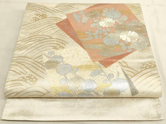 平和屋着物◎太鼓柄袋帯 色紙重ね流水花文 金銀彩 銀糸 正絹 逸品 AAAM3567sx