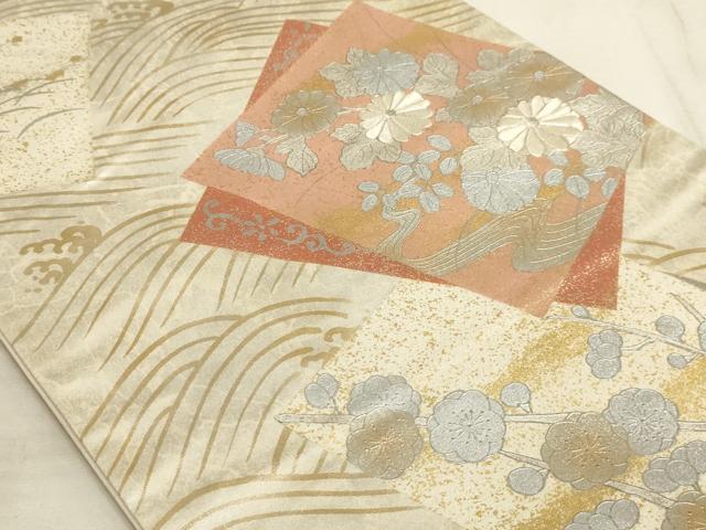 平和屋着物◎太鼓柄袋帯 色紙重ね流水花文 金銀彩 銀糸 正絹 逸品 AAAM3567sx