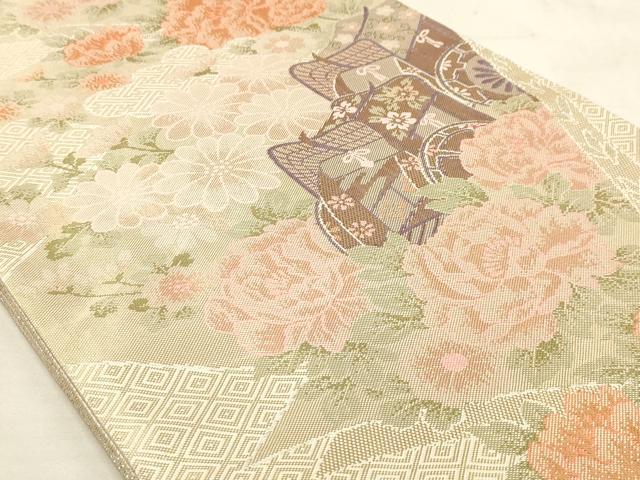 平和屋着物◎六通柄袋帯 御所車花文 金糸 正絹 逸品 AAAM3588sx