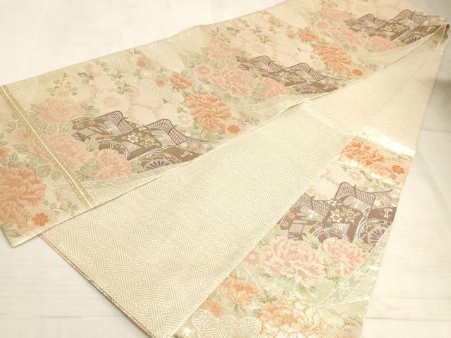 平和屋着物◎六通柄袋帯 御所車花文 金糸 正絹 逸品 AAAM3588sx
