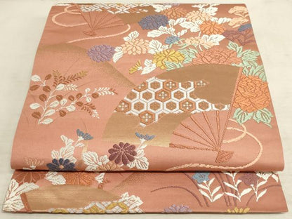 平和屋着物◎六通柄袋帯 唐織 扇面花文 正絹 逸品 AAAM3604sx