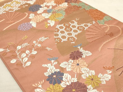 平和屋着物◎六通柄袋帯 唐織 扇面花文 正絹 逸品 AAAM3604sx