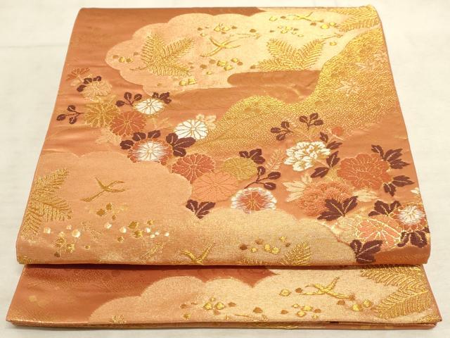 平和屋着物◎六通柄袋帯　光悦錦　流水花鳥文　金糸　正絹　逸品　AAAM3644sx