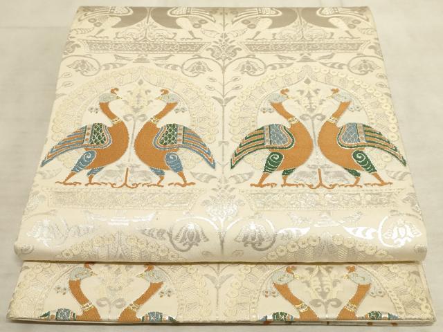 平和屋着物◎六通柄袋帯 双獣花文 銀糸 正絹 逸品 AAAM3646sx