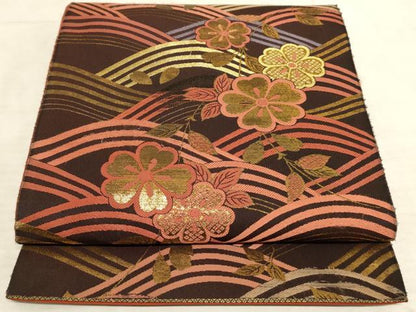 平和屋着物◎六通柄袋帯 流水花文 金糸 正絹 逸品 AAAM3651sx