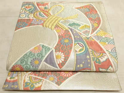 平和屋着物◎六通柄袋帯 唐織 束ね熨斗吉祥花蝶文 金糸 正絹 逸品 AAAM3660sx
