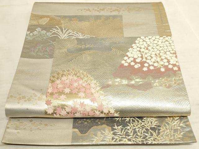 平和屋着物◎六通柄袋帯 色紙風景文 金糸 正絹 逸品 AAAM3661sx