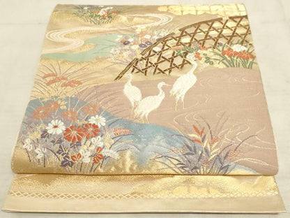 平和屋着物◎六通柄袋帯 唐織 群鶴花籬文 金銀糸 正絹 逸品 AAAM3671sx