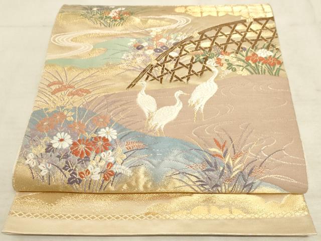 平和屋着物◎六通柄袋帯 唐織 群鶴花籬文 金銀糸 正絹 逸品 AAAM3671sx
