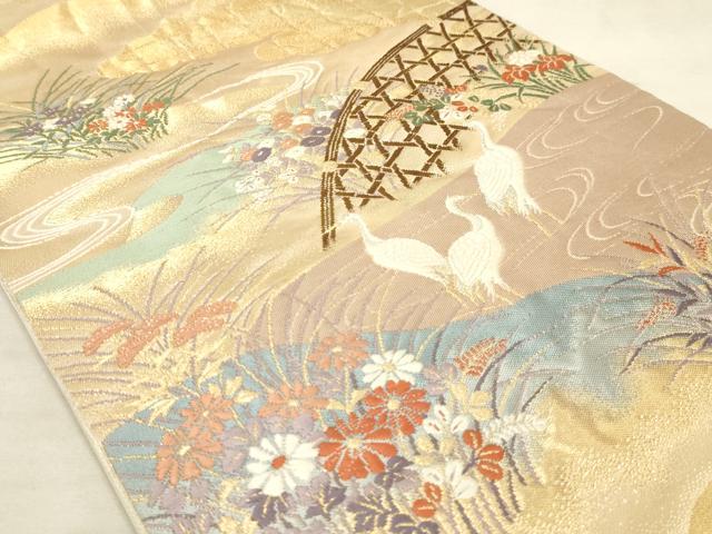 平和屋着物◎六通柄袋帯 唐織 群鶴花籬文 金銀糸 正絹 逸品 AAAM3671sx