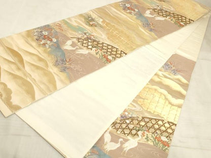 平和屋着物◎六通柄袋帯 唐織 群鶴花籬文 金銀糸 正絹 逸品 AAAM3671sx