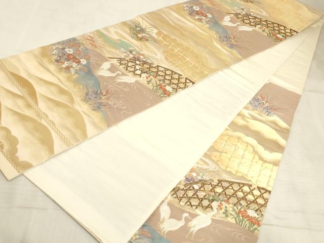平和屋着物◎六通柄袋帯 唐織 群鶴花籬文 金銀糸 正絹 逸品 AAAM3671sx