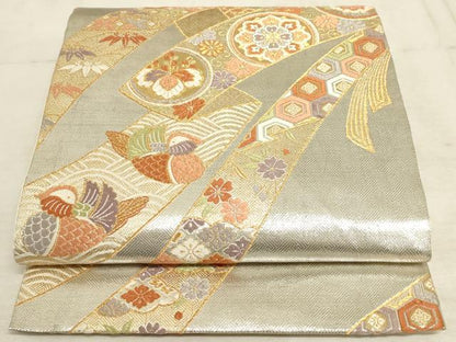 平和屋着物◎六通柄袋帯 唐織 蔓帯鴛鴦吉祥花文 金銀糸 正絹 逸品 AAAM3673sx