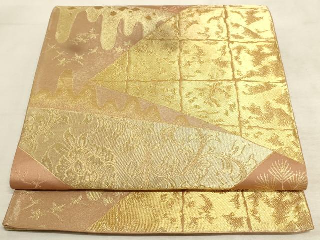 平和屋着物◎六通柄袋帯 裂取花鳥文 金糸 正絹 逸品 AAAM3686sx
