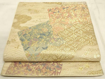 平和屋着物◎六通柄袋帯 色紙重ね花文 金糸 正絹 逸品 AAAM3719sx