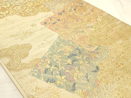 平和屋着物◎六通柄袋帯 色紙重ね花文 金糸 正絹 逸品 AAAM3719sx