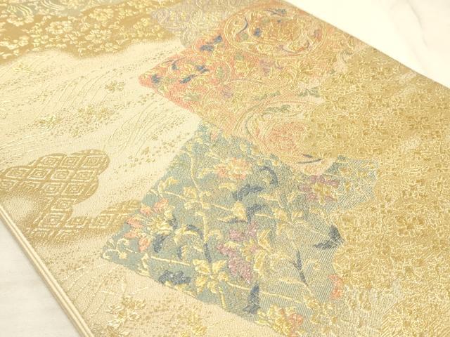 平和屋着物◎六通柄袋帯 色紙重ね花文 金糸 正絹 逸品 AAAM3719sx