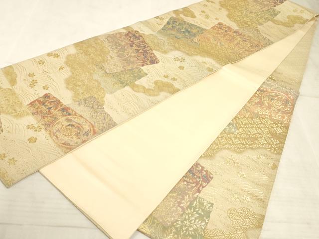 平和屋着物◎六通柄袋帯 色紙重ね花文 金糸 正絹 逸品 AAAM3719sx