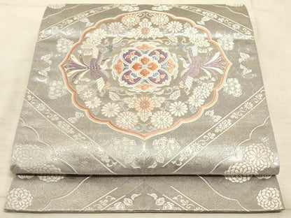 平和屋着物◎六通柄袋帯 唐織 花鳥天井文 銀糸 正絹 逸品 AAAM3749sx