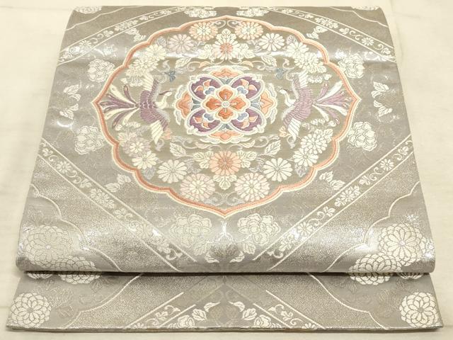 平和屋着物◎六通柄袋帯 唐織 花鳥天井文 銀糸 正絹 逸品 AAAM3749sx