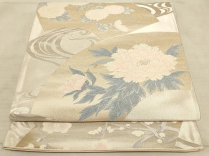 平和屋着物◎六通柄袋帯 流水扇面花文 銀糸 正絹 逸品 AAAM3753sx